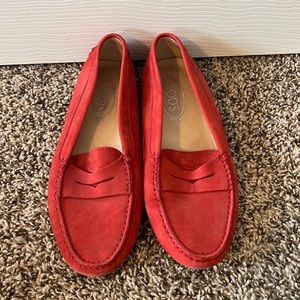 TOD’s suede red loafers